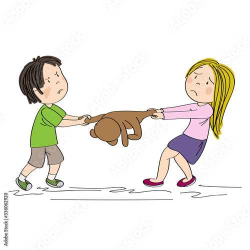 Two siblings (brother and sister) or friends fighting, pulling teddy bear toy, boy is angry and girl is tearful - original hand drawn illustration