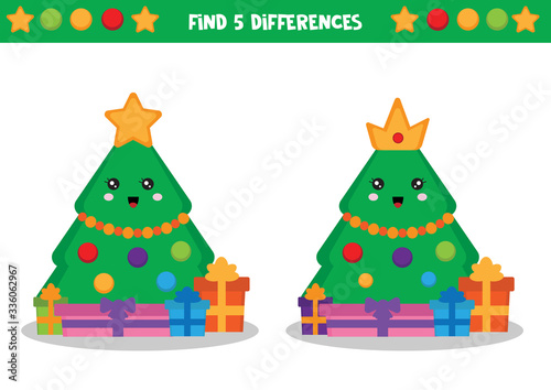 Educational worksheet for kids. Games for kids. Find five differences. Christmaas tree. photo