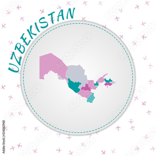 Uzbekistan map design. Map of the country with regions in emerald-amethyst color palette. Rounded travel to Uzbekistan poster with country name and airplanes background. Radiant vector illustration.