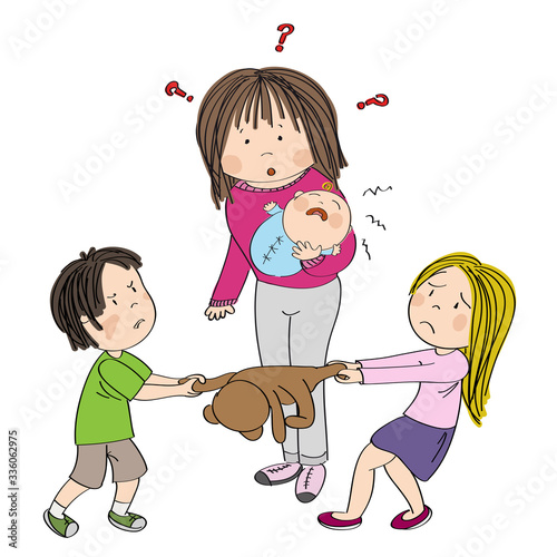 Two siblings (brother and sister) fighting, pulling teddy bear toy, boy is angry girl tearful. Their mum with little baby in her hands is standing behind them, looking puzzled