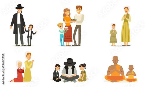 People of Different Religions Collection, Happy Families in Traditional Clothes Praying and Reading Religious Books Vector Illustration