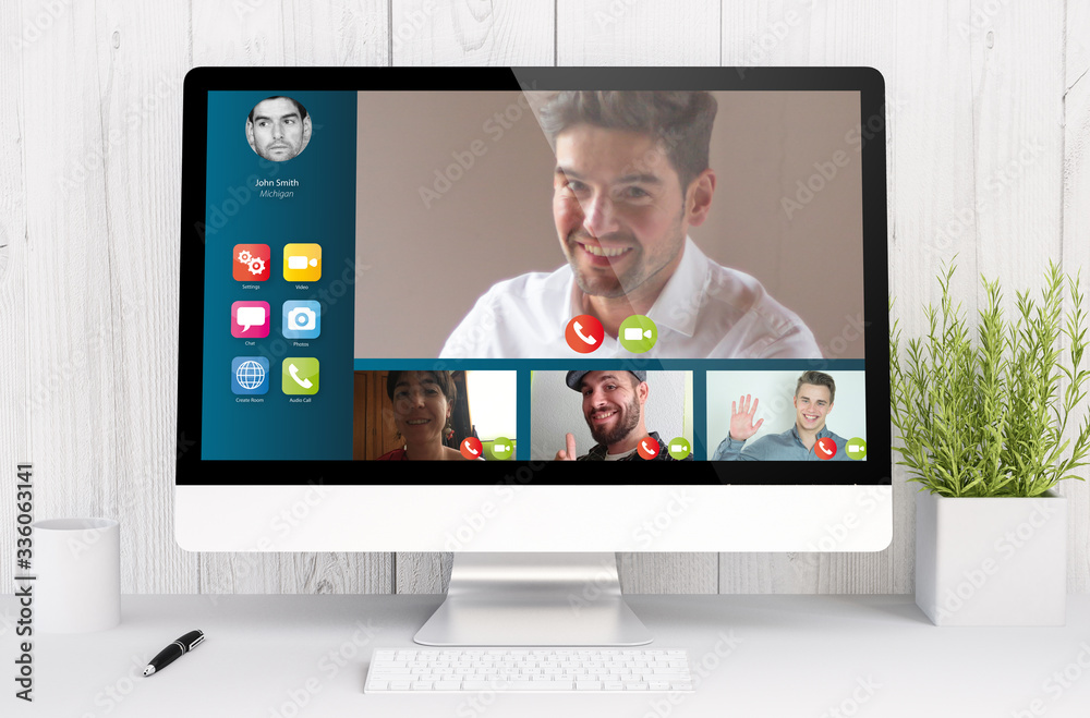 white workspace with computer video conference white workspace with computer video conference