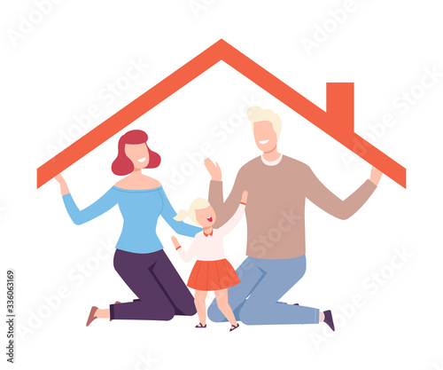 Happy Parents and Their Daughter Holding up the Roof at Home, House Frame with Family Inside Vector Illustration