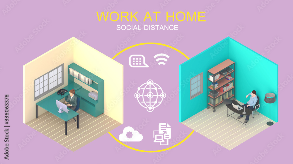 Home office workplace mess concept with laptop mockup and other objects  . 3D Rendering.Work from home concept. set of isometric interior working rooms of the house.