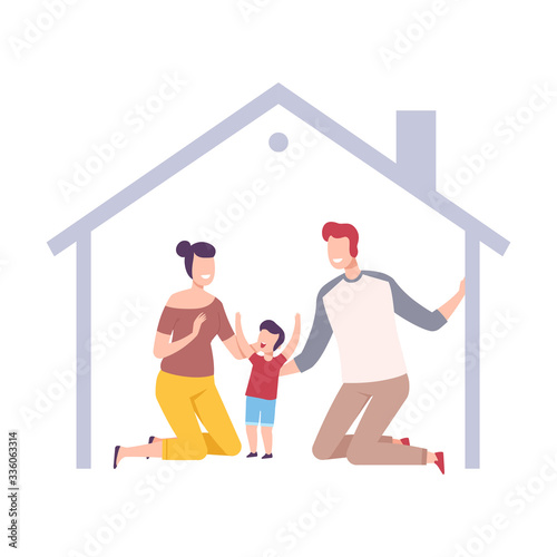 Mother, Father and Their Son at Home, House Frame with Happy Family Inside Vector Illustration