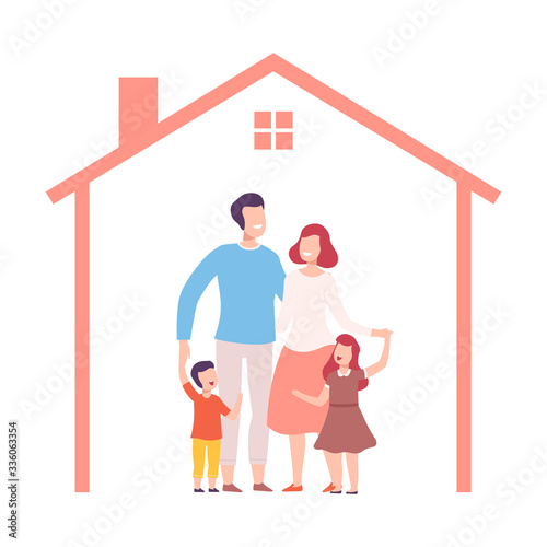 Mother, Father and Their Two Children at Home, House Frame with Happy Family Inside Vector Illustration