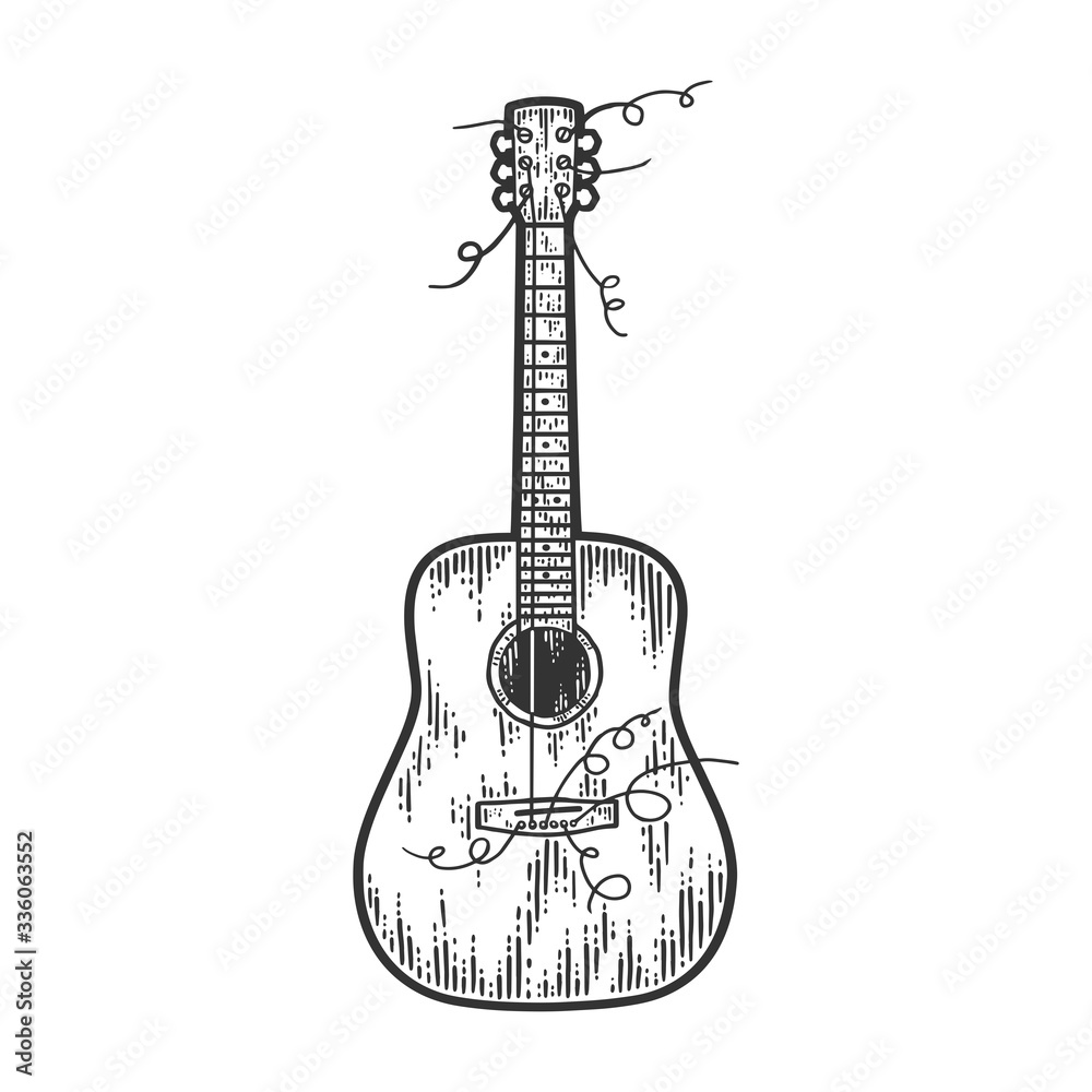 Guitar with torn strings. Sketch scratch board imitation. Engraving vector