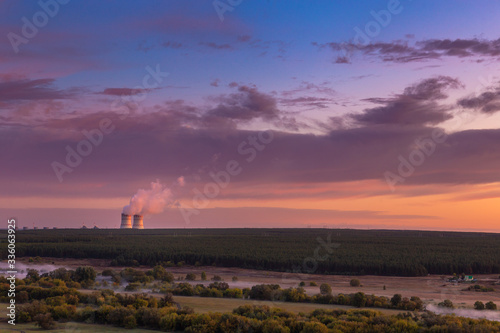 Landscape Cooling Towers of a Nuclear Power Plant at Dawn
