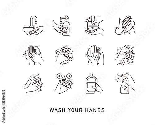 Hand hygiene line icon set. Simple Minimal Pictogram. Personal hygiene, disease prevention and healthcare hand