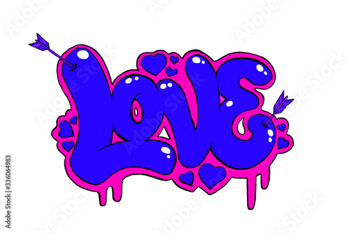 Foto bright love inscription in graffiti style, lettering drawing, hand-drawn isolated on white background, acid colors, paint drips, underground style, Declaration of love, Valentine's day