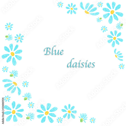 Hand drawn flowers frame, simple wild flowers, greeting card, invitation, love and friendship, blue flowers design 