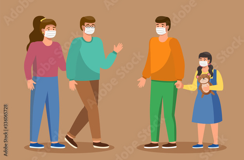 Married couple and father with daughter wearing protective Medical mask for prevent virus.