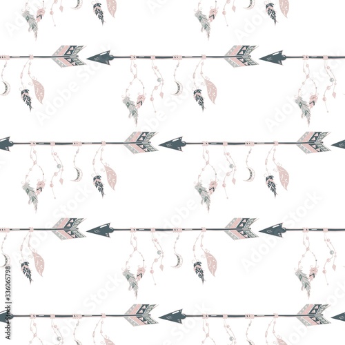 Hand drawn arrows with feathers and beads seamless pattern on white background. Boho arrows.
