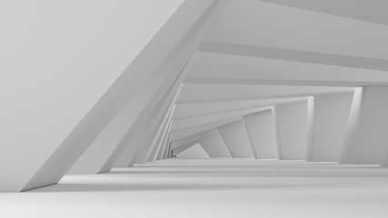 Abstract white tunnel background perspective. With light passing through rotating columns. 3d render illustration.