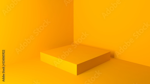 Orange-yellow rectangle cube podium stands in empty corner  orange toned 3d rendering illustration