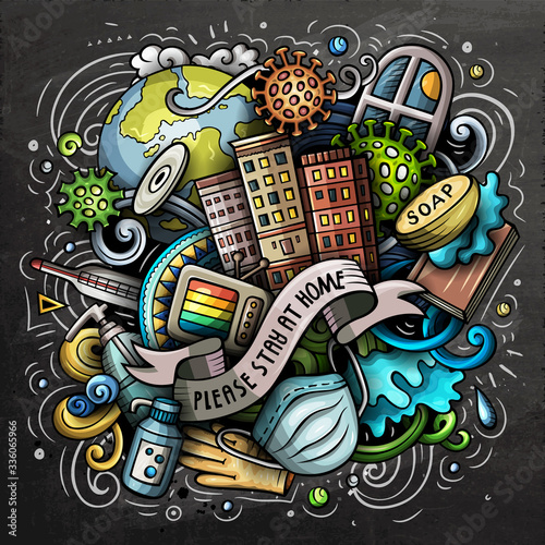 Cartoon vector doodles Please, Stay at Home illustration.