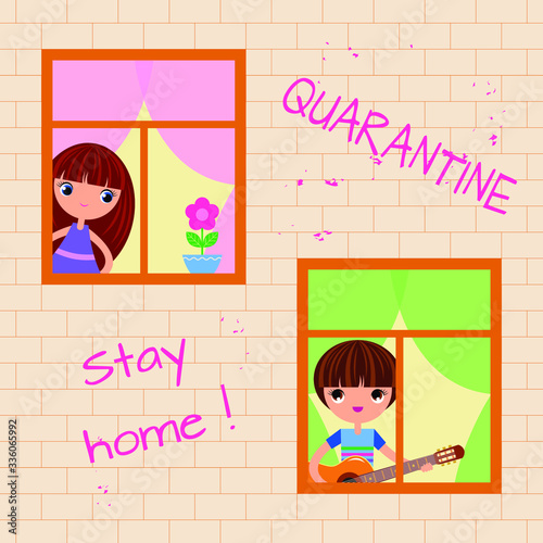 Vector illustration on the theme of coronavirus pandemic COVID-19 or other infectious outbreaks and epidemics. The girl and boy stays at home during quarantine and look out of their windows.