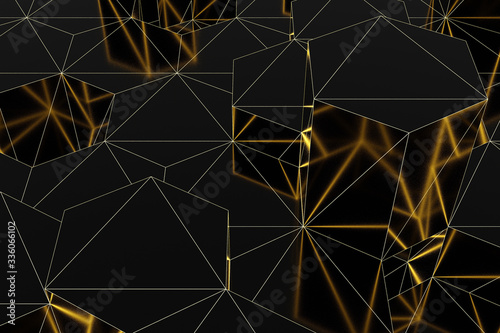 Abstract futuristic low poly background from black hexagons with a luminous gold grid. Minimalist Black 3D rendering