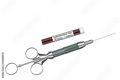 Coronavirus concept. syringe with vaccine and positive test for coronavirus 2019-nCoV isolated on white. 3d render