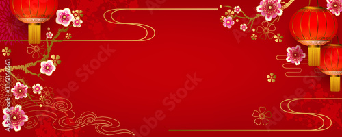 Chinese floral festive background for holiday design with lanterns