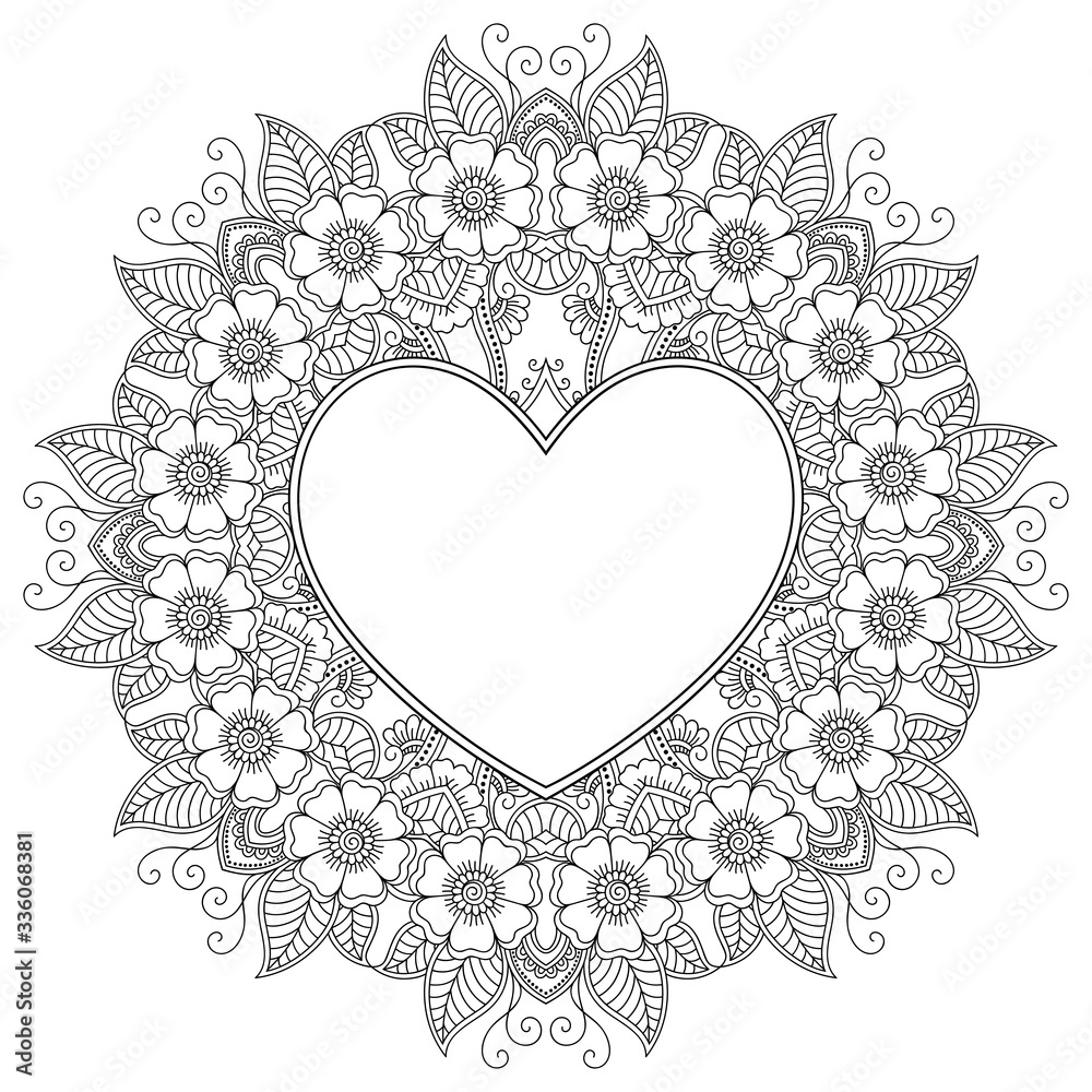 Circular pattern in form of mandala with frame in shape of heart. Decorative ornament in ethnic oriental mehndi style. Outline doodle hand draw vector illustration. Antistress coloring book page. Circular pattern in form of mandala with frame in shape of heart. Decorative ornament in ethnic oriental mehndi style. Outline doodle hand draw vector illustration. Antistress coloring book page.