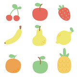 Set of cute colorful fruit. Cherry, strawberry, lemon, pear, orange