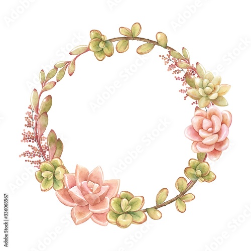 Wreath of succulents, vector frame, watercolor illustration.