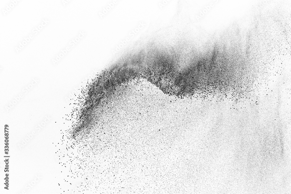 Black particles explosion isolated on white background. Abstract dust overlay texture. Black particles explosion isolated on white background. Abstract dust overlay texture.