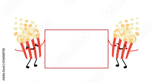 Two cute and smiling vector popcorn cup character holding empty, blank card.