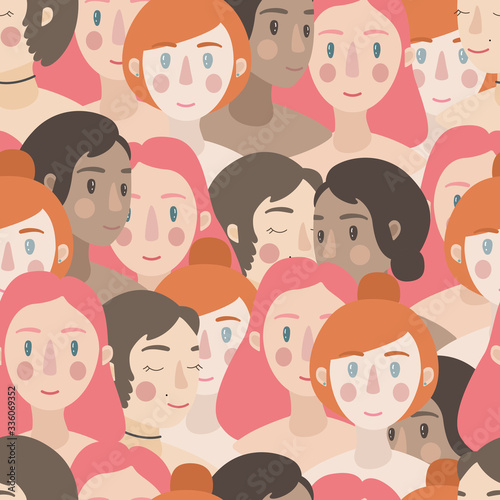 Seamless pattern with young women of different ethnicity, skin color. Teamwork, social issues, racism, lgbt, feminism, women´s day, mother's day concepts. Flat. Vector stock illustration.  © AnyaCher