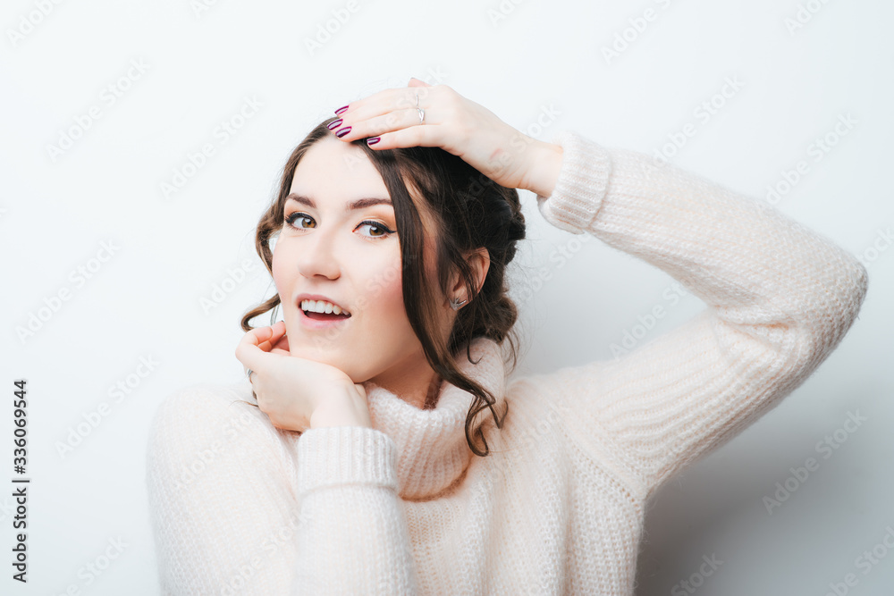 Woman with headache holding head with hands. Woman with headache holding head with hands.