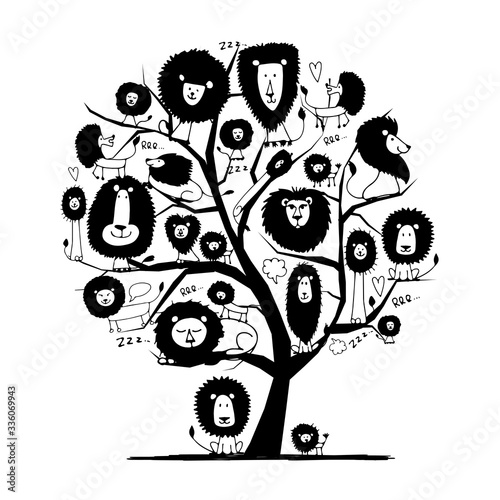 Funny lions on tree, sketch for your design