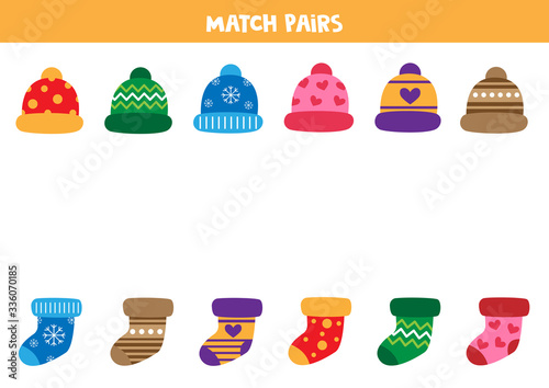 Match pairs of caps and socks. Educational worksheet for kids. photo
