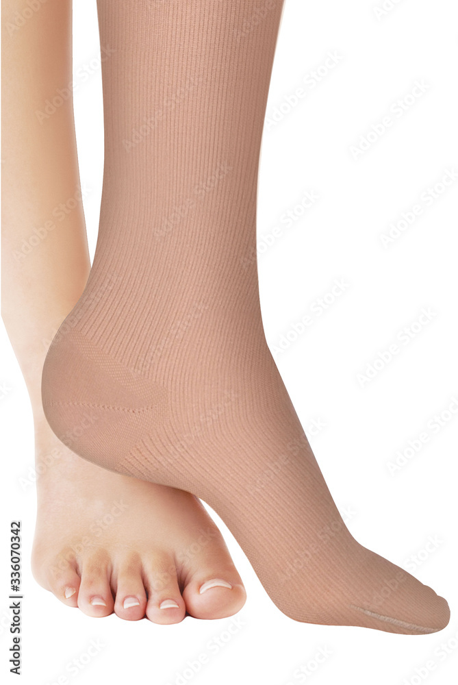 Closed toe calves. Compression Hosiery. Medical stockings, tights, socks, calves and sleeves for varicose veins and venouse therapy. Clinical knits. Sock for sports isolated on white background