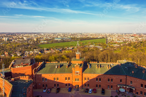 Beautiful view from the Tadeusz Kosciuszko mound in Krakow, Poland. Selective focus. Kosciuszko mound is city landmark from 1823, dedicated to Polish and American military hero Tadeusz Kosciuszko