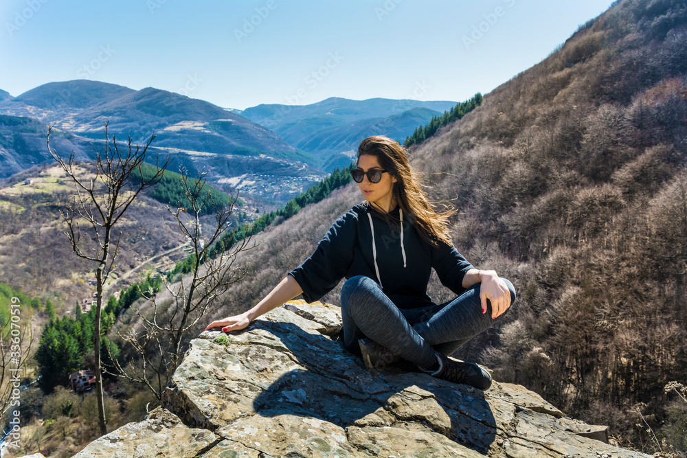 Happy Hiker Woman on the Top of Summer Mountain with Stunning View 