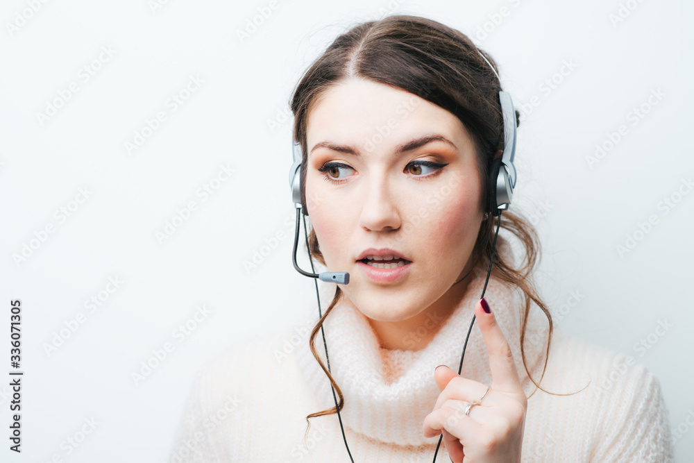 on a white background girl with headphones on a white background girl with headphones