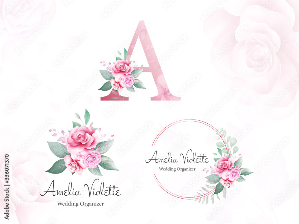 Watercolor floral logo set for initial A of peach and purple roses and ...