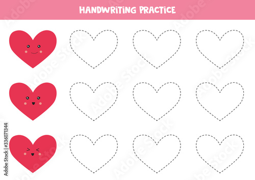 Handwriting practice with hearts. Tracing lines for children.
