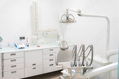 Horizontal image of a white dentist office room