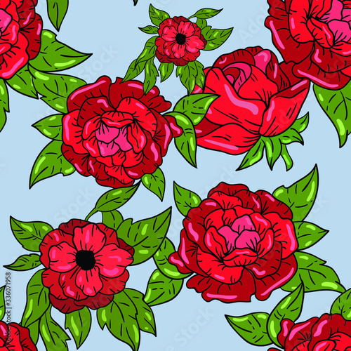 Fototapeta Naklejka Na Ścianę i Meble -  Seamless vector pattern with red roses and green leaves on blue background. Good for printing. Wallpaper, fabric and textile design. Cute floral wrapping paper pattern.