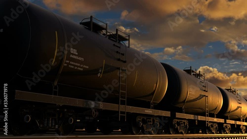 Transportation tank cars with oil during sunset. Oil tankers are transported by rail. The concept of development of the oil refining industry. 3d Animation 4k Ultra HD 3840x2160