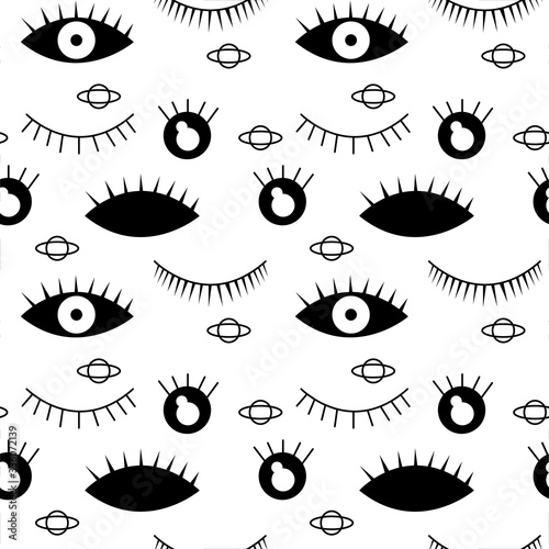 Seamless pattern in the style of psychedelic eyes. Closed and open black eye. Pattern for fabric covers, books. Stock illustration. Vector illustration.