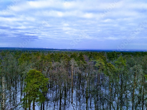 Aerial panoramic view of snowy forest and city