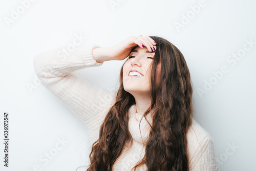 brunette girl remembered on a white background