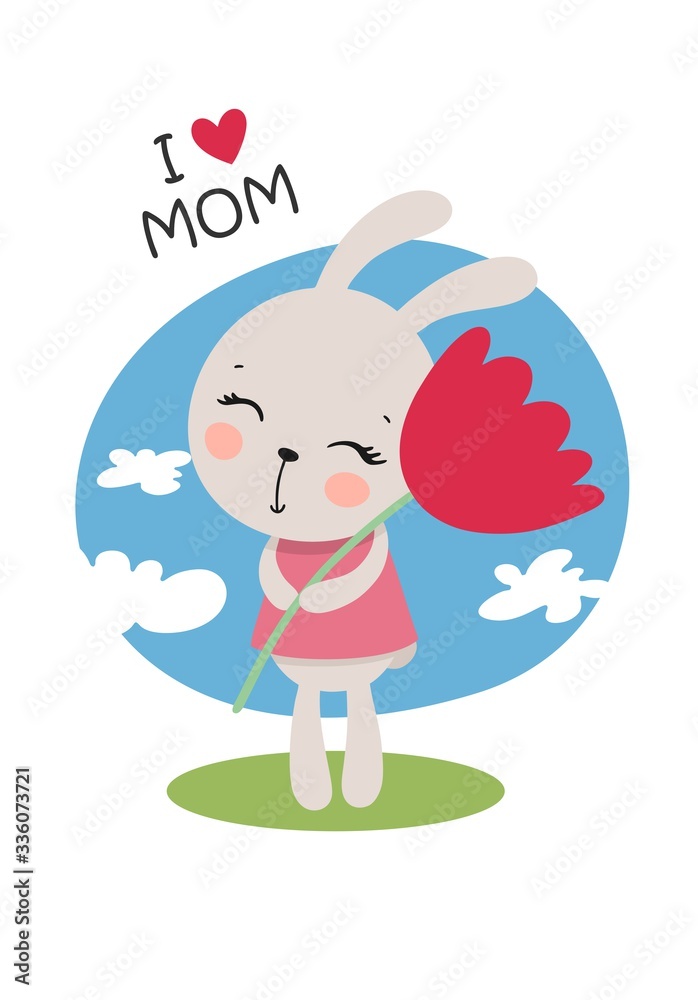 Little cute bunny girl with a flower in her hands and text i love mom. Happy Mother day flat vector illustration Little cute bunny girl with a flower in her hands and text i love mom. Happy Mother day flat vector illustration