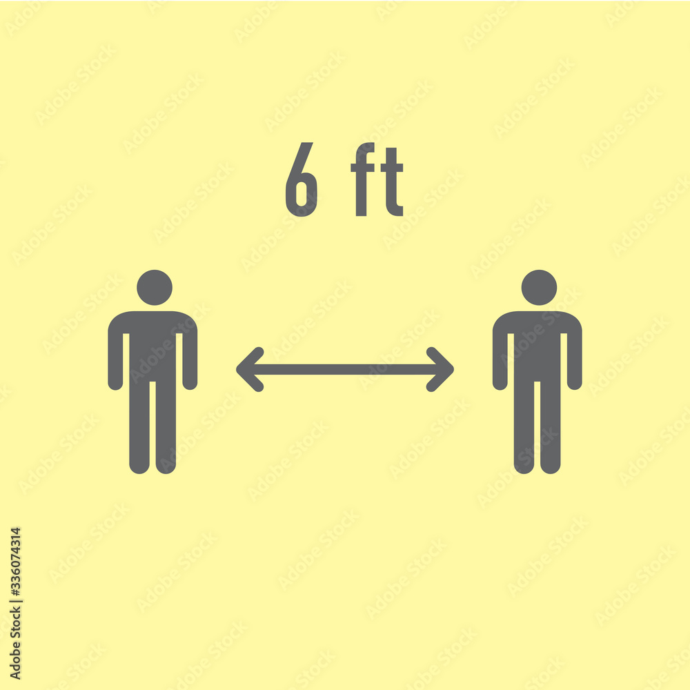 Social distancing pictogram. Two human figures standing straight keeping distance from each other. 6 feet separation sign. Personal space arrow. Clear simple message. Sickness prevention. Social distancing pictogram. Two human figures standing straight keeping distance from each other. 6 feet separation sign. Personal space arrow. Clear simple message. Sickness prevention.