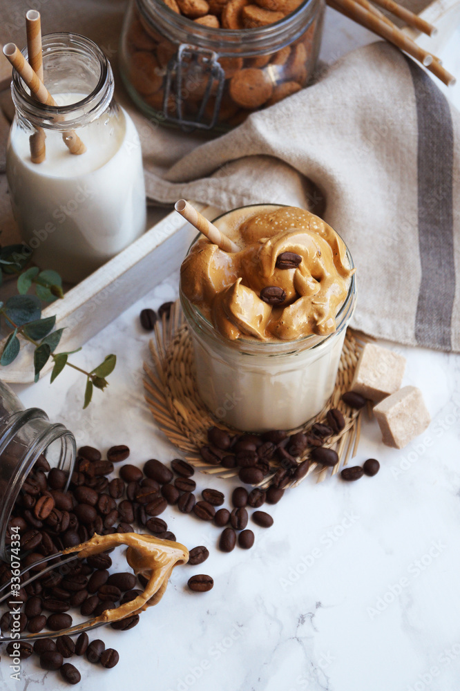 Dalgona whipped coffee, instant coffee, cream coffee, iced coffee Stock