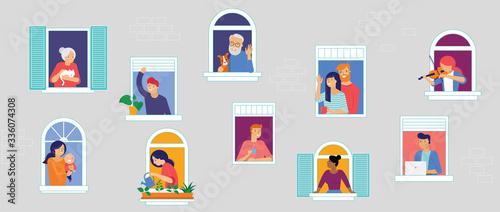Stay at home, concept design. Different types of people, family, neighbors in their own houses. Self isolation, quarantine during the coronavirus outbreak. Vector flat style illustration stock photo