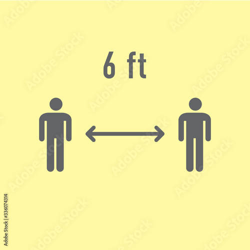 Social distancing pictogram. Two human figures standing straight keeping distance from each other. 6 feet separation sign. Personal space arrow. Clear simple message. Sickness prevention.
